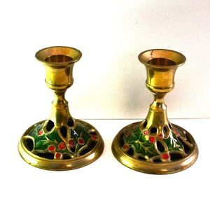 Pair Of Solid Brass Candleholders Made In India Holiday Decor On Base